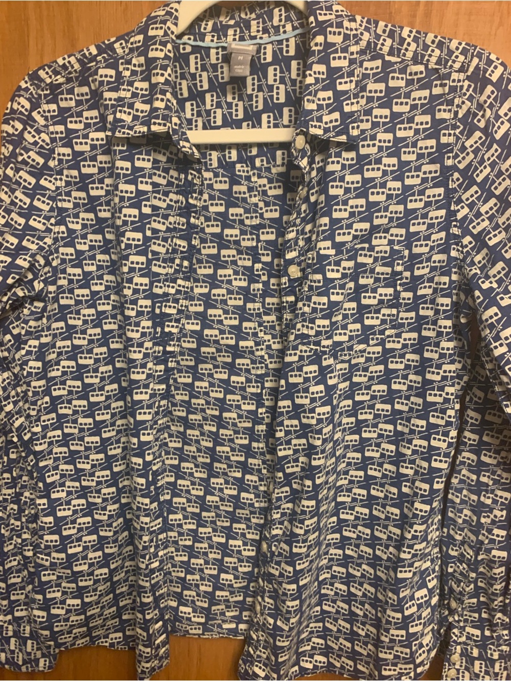 JCP Navy Blue Button-Down Shirt with White Graphic cable-car Print